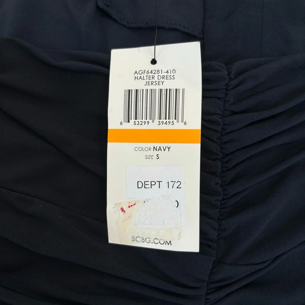 BCBGMAXAZRIA Y2K Ruched Jersey Halter Dress Sequin Trim Cocktail Navy Small NWT - Picture 8 of 14